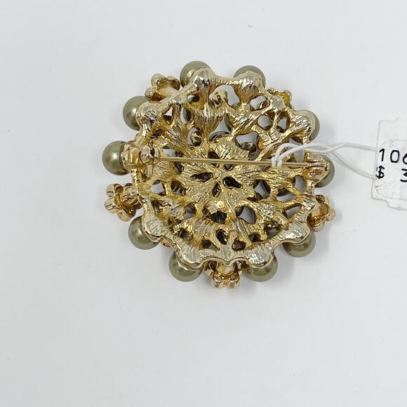 New Jokara Floral Gemstone and Beaded Brooch Pin Green Sage Gemstone - Picture 6 of 6